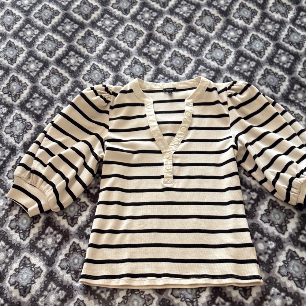 Express Cream and Black Striped Puff Sleeve Henley Top